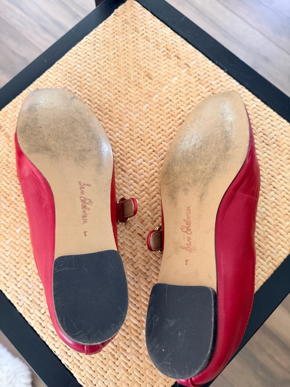 Sam Edelman Red Leather Mary Jane Flats with Gold Buckle - Picture 5 of 7